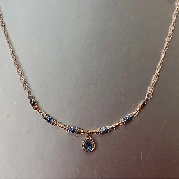 HAND CRAFTED Silver Gold Blue rhinestone pendant necklace Upcycled Vintage - Picture 6 of 6